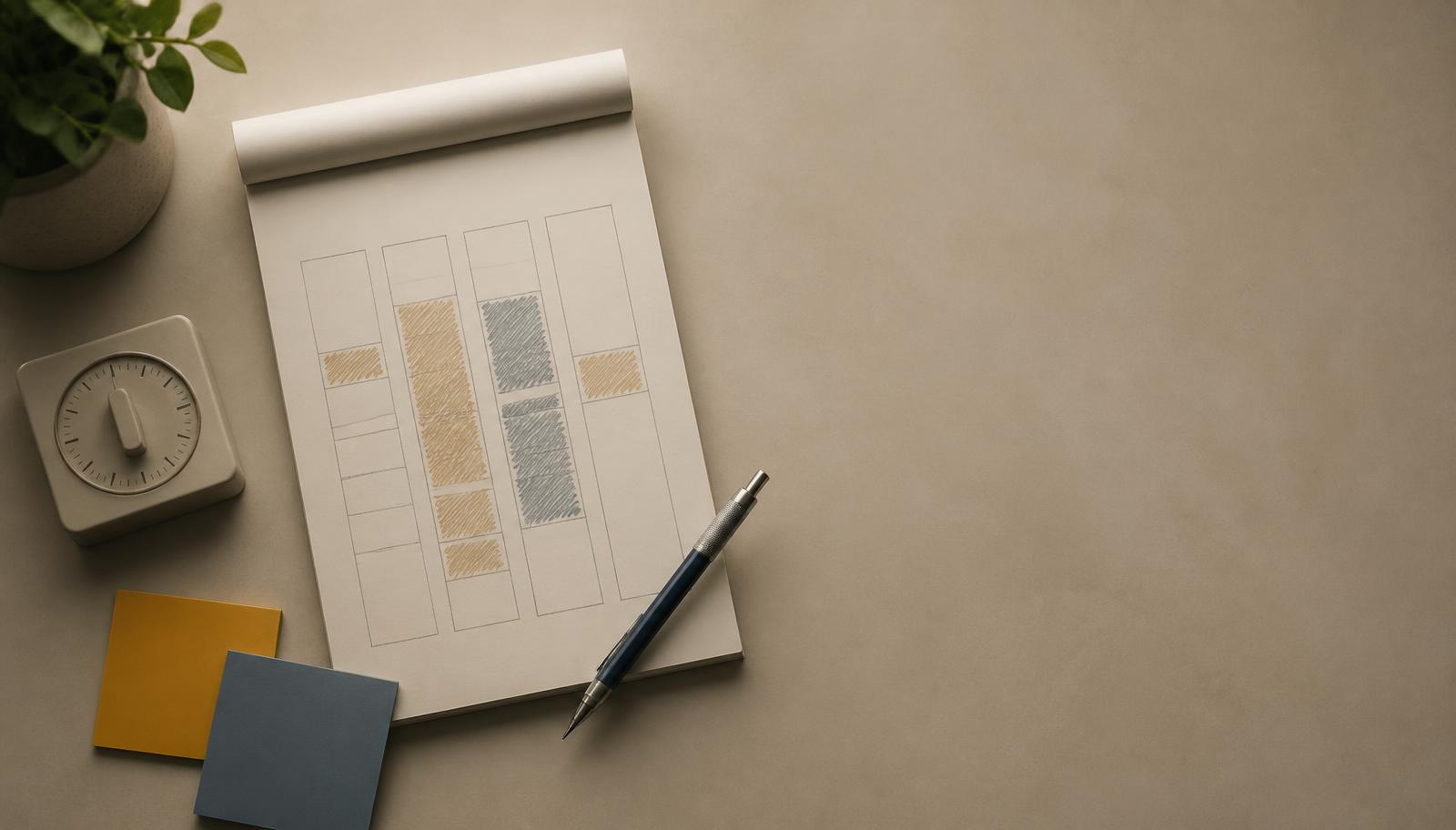 An overhead view of a planner with hand-drawn time blocks, a timer and sticky notes