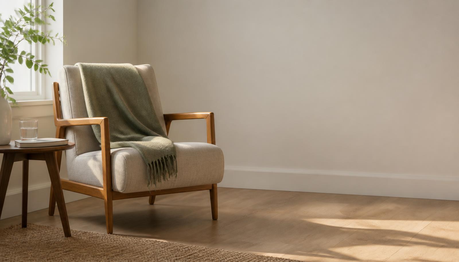 A sunlit armchair with a folded blanket and a closed journal