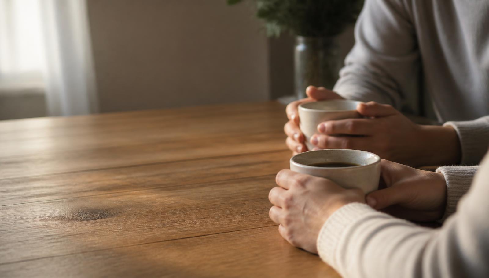 Two people holding warm cups across a wooden table in quiet conversation