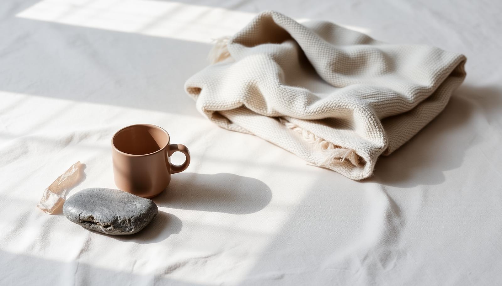Soft morning light across linen with a clay cup, a folded wool throw and a smooth river stone