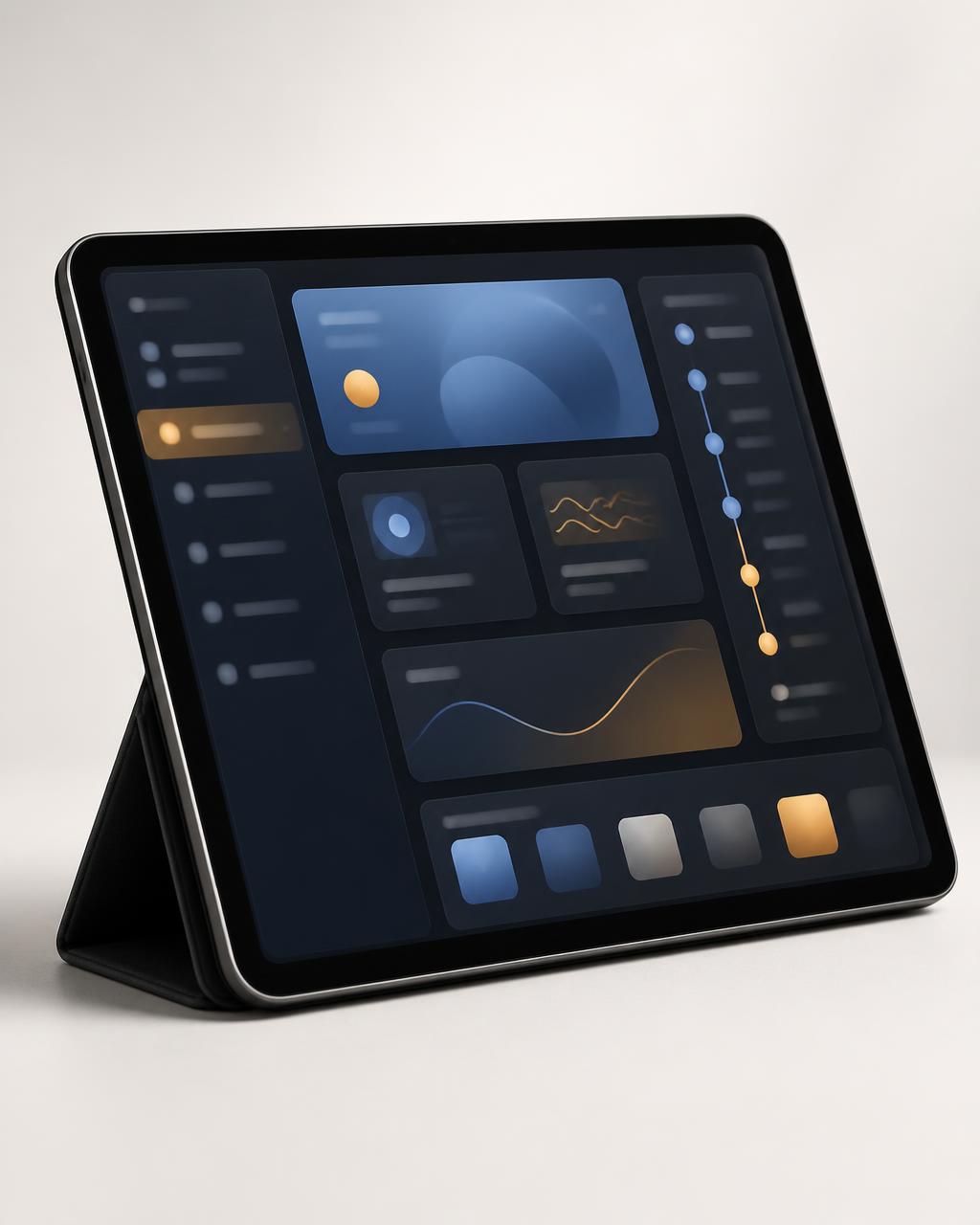 A tablet on a stand showing an abstract behavioral dashboard of tiles and rows